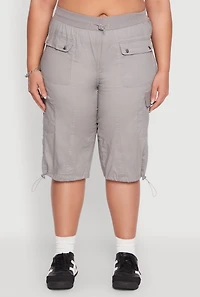 Womens Plus Poplin Toggle Drawstring Cargo Capri Pants,