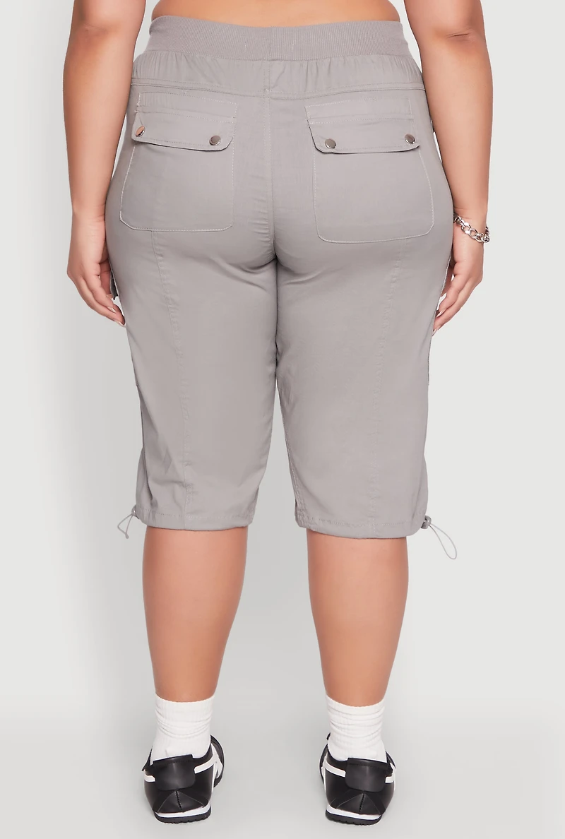Womens Plus Poplin Toggle Drawstring Cargo Capri Pants,