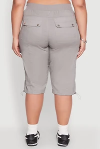 Womens Plus Poplin Toggle Drawstring Cargo Capri Pants,