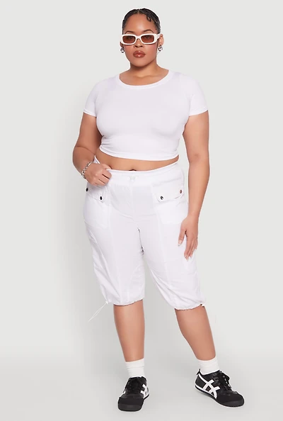 Womens Plus Size Poplin Toggle Drawstring Cargo Capri Pants, White, Size 1X