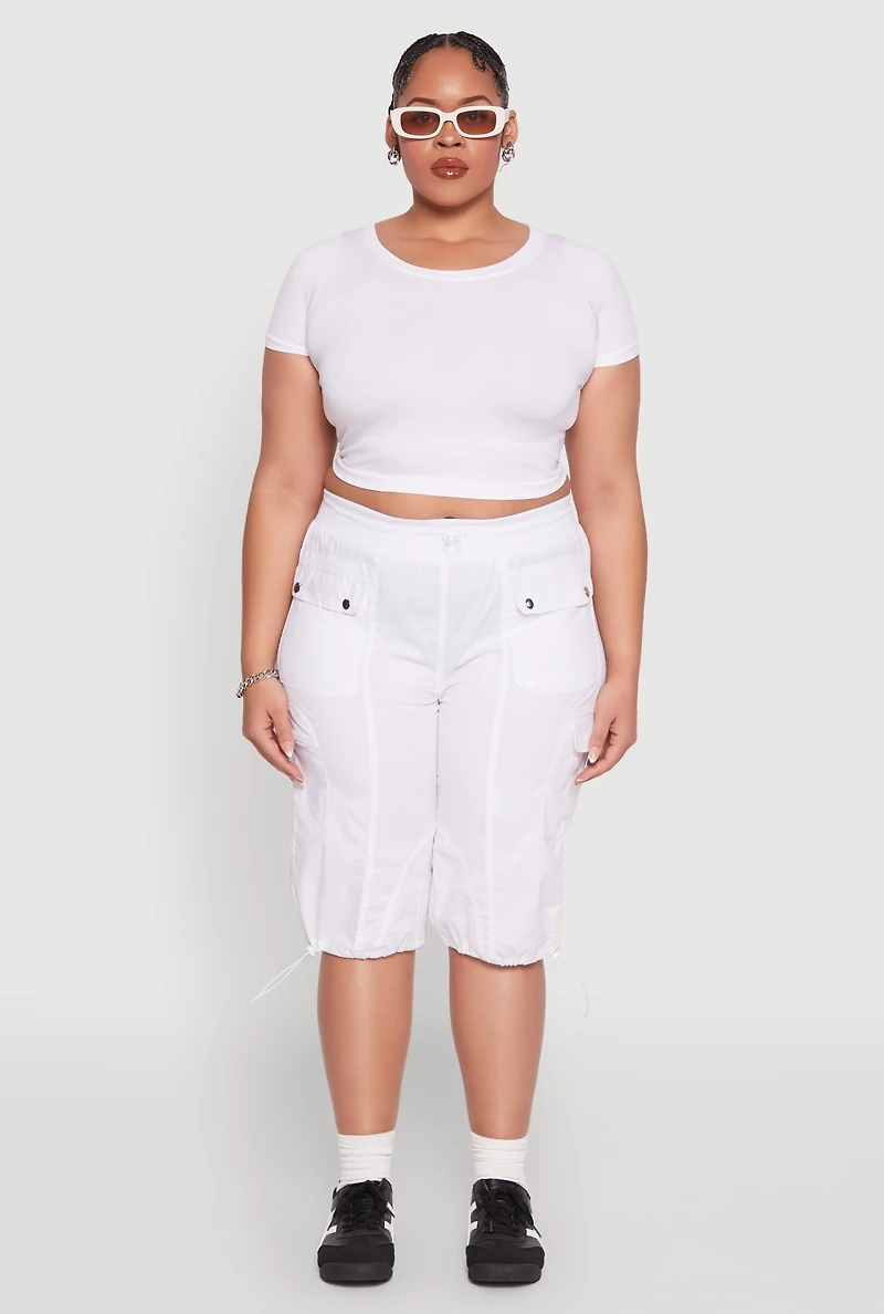 Womens Plus Size Poplin Toggle Drawstring Cargo Capri Pants, White, Size 3X
