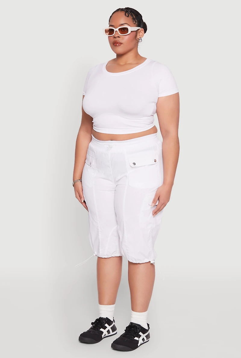 Womens Plus Size Poplin Toggle Drawstring Cargo Capri Pants, White, Size 3X