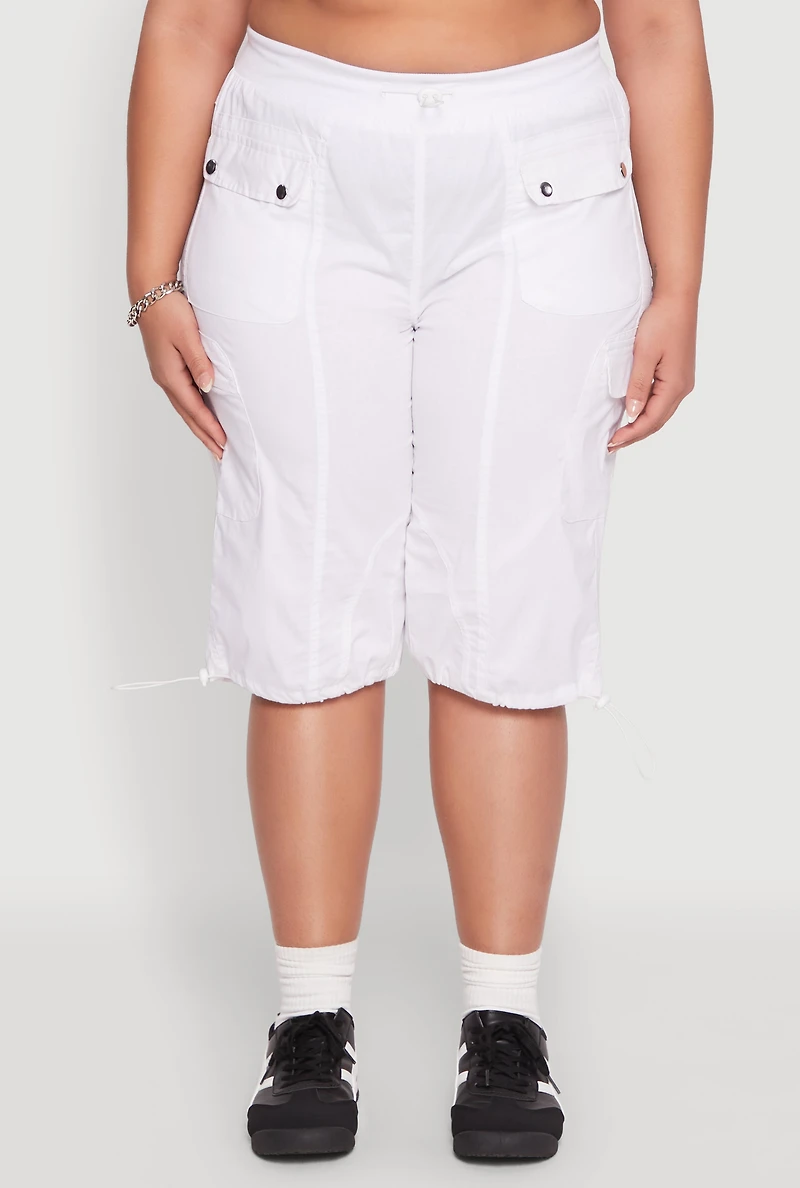 Womens Plus Size Poplin Toggle Drawstring Cargo Capri Pants, White, Size 3X