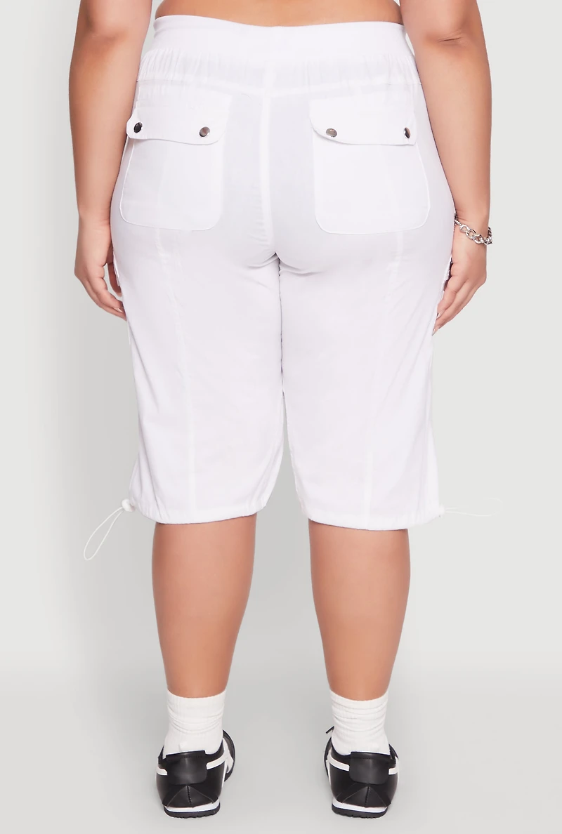 Womens Plus Size Poplin Toggle Drawstring Cargo Capri Pants, White, Size 3X