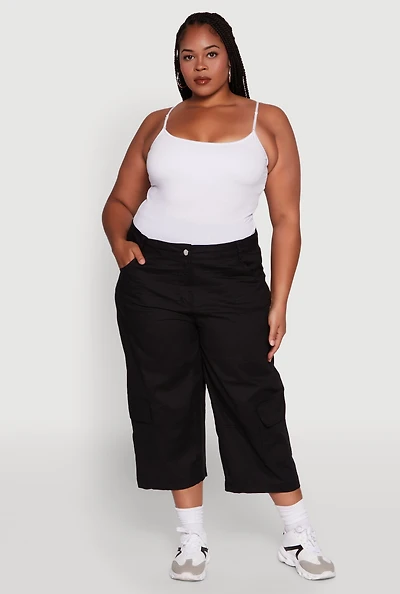Womens Plus Poplin High Waisted Cargo Capris,