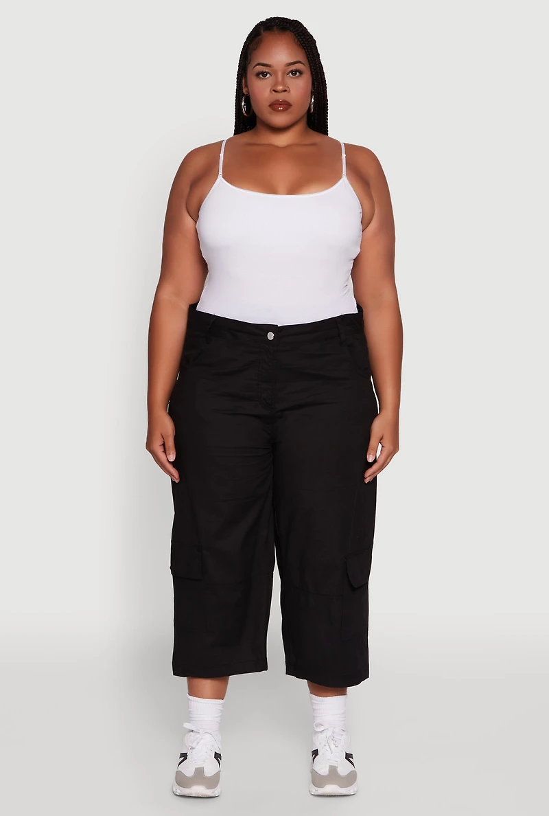 Womens Plus Poplin High Waisted Cargo Capris,