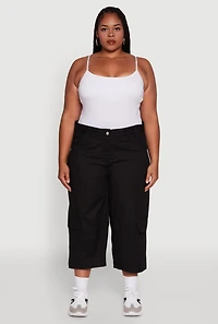 Womens Plus Size Poplin High Waisted Cargo Capris, Black, Size 2X