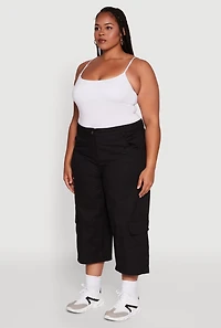 Womens Plus Size Poplin High Waisted Cargo Capris, Black, Size 2X