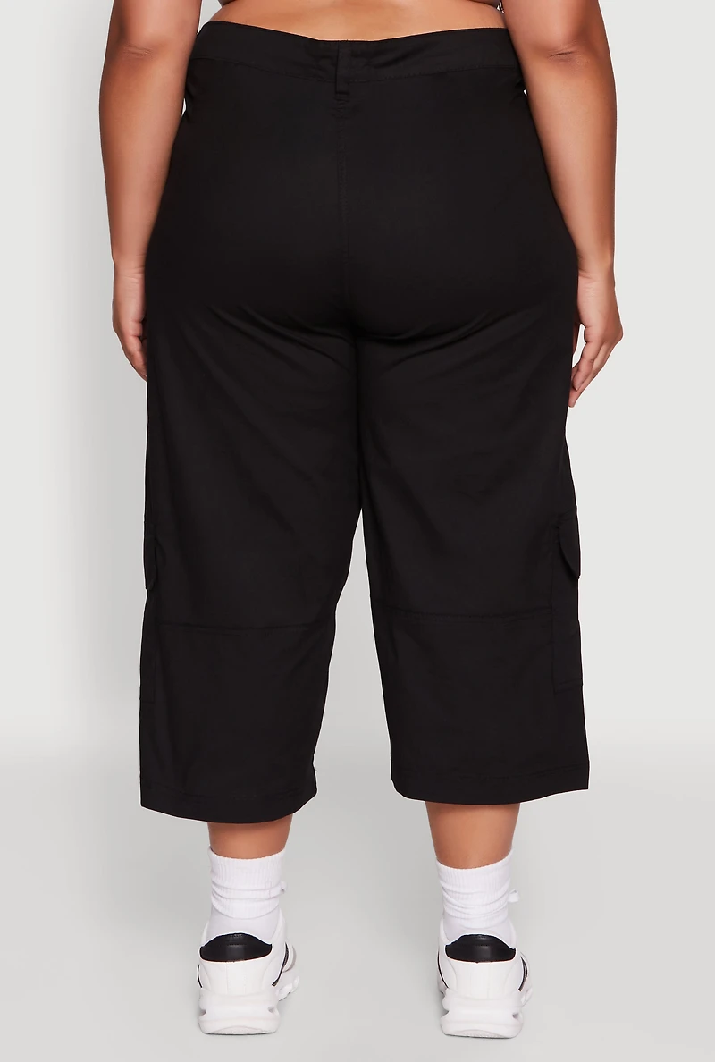 Womens Plus Size Poplin High Waisted Cargo Capris, Black, Size 2X