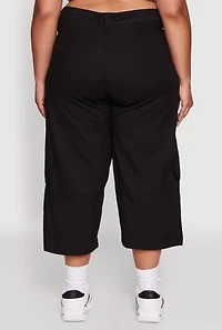 Womens Plus Size Poplin High Waisted Cargo Capris, Black, Size 2X