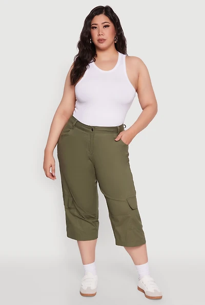 Womens Plus Poplin High Waisted Cargo Capris,