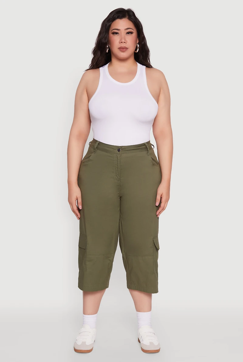 Womens Plus Poplin High Waisted Cargo Capris, 2X