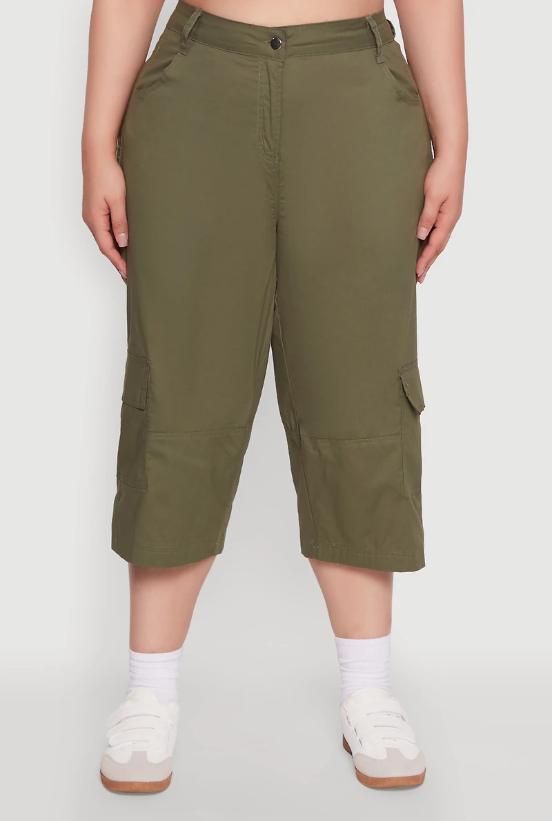 Womens Plus Poplin High Waisted Cargo Capris, 2X