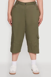 Womens Plus Poplin High Waisted Cargo Capris,