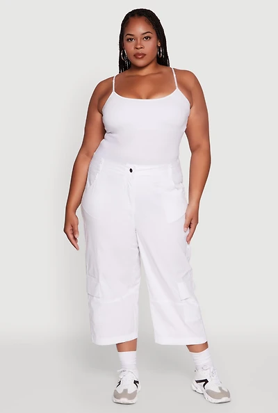 Womens Plus Size Poplin High Waisted Cargo Capris, White, Size 2X