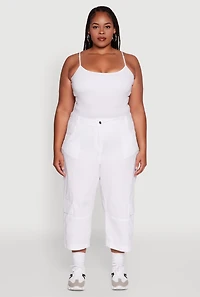 Womens Plus Size Poplin High Waisted Cargo Capris, White, Size 2X