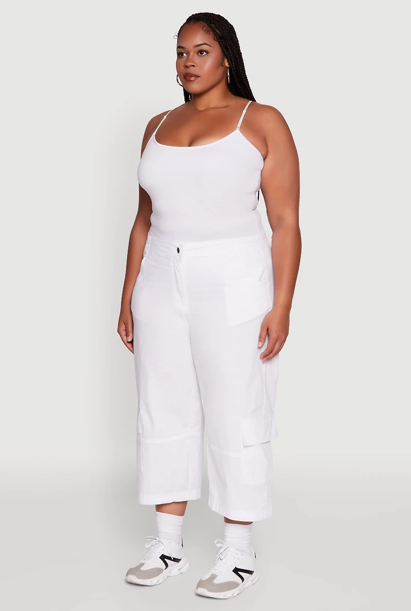 Womens Plus Size Poplin High Waisted Cargo Capris, White, Size 3X