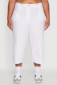 Womens Plus Size Poplin High Waisted Cargo Capris, White, Size 2X