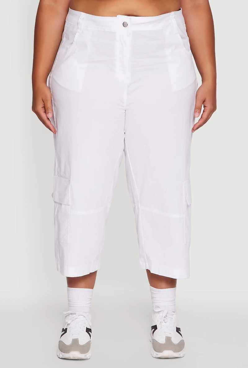 Womens Plus Size Poplin High Waisted Cargo Capris, White, Size 3X