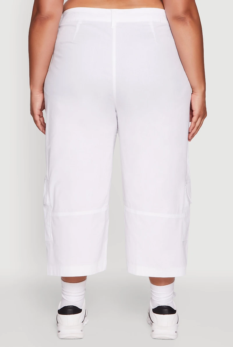 Womens Plus Size Poplin High Waisted Cargo Capris, White, Size 3X