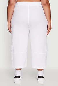 Womens Plus Size Poplin High Waisted Cargo Capris, White, Size 3X