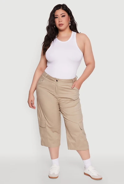 Womens Plus Poplin High Waisted Cargo Capris,