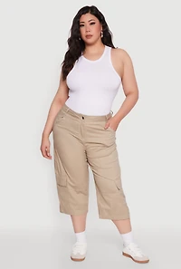 Womens Plus Poplin High Waisted Cargo Capris, Khaki,