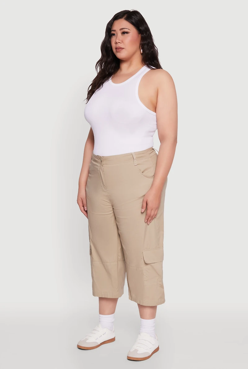Womens Plus Poplin High Waisted Cargo Capris, Khaki,