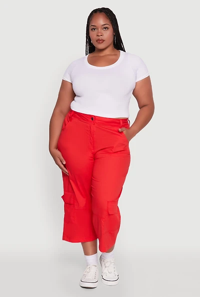 Womens Plus Poplin High Waisted Cargo Capris,
