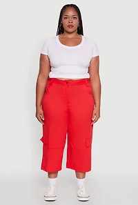 Womens Plus Poplin High Waisted Cargo Capris,