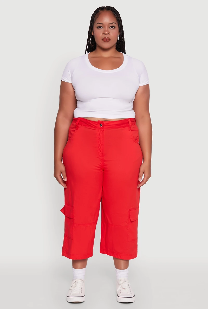 Womens Plus Size Poplin High Waisted Cargo Capris, Red, Size 2X