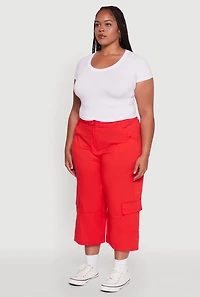 Womens Plus Poplin High Waisted Cargo Capris,
