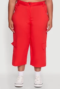 Womens Plus Size Poplin High Waisted Cargo Capris, Red, Size 2X