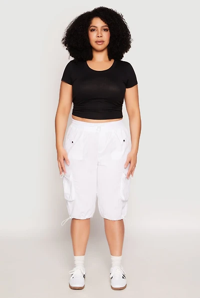 Womens Plus Size Toggle Drawstring Bermuda Cargo Shorts, White, Size 2X