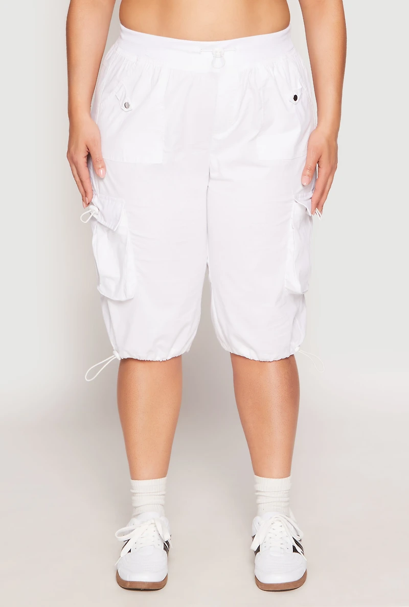 Womens Plus Size Toggle Drawstring Bermuda Cargo Shorts, White, Size 3X