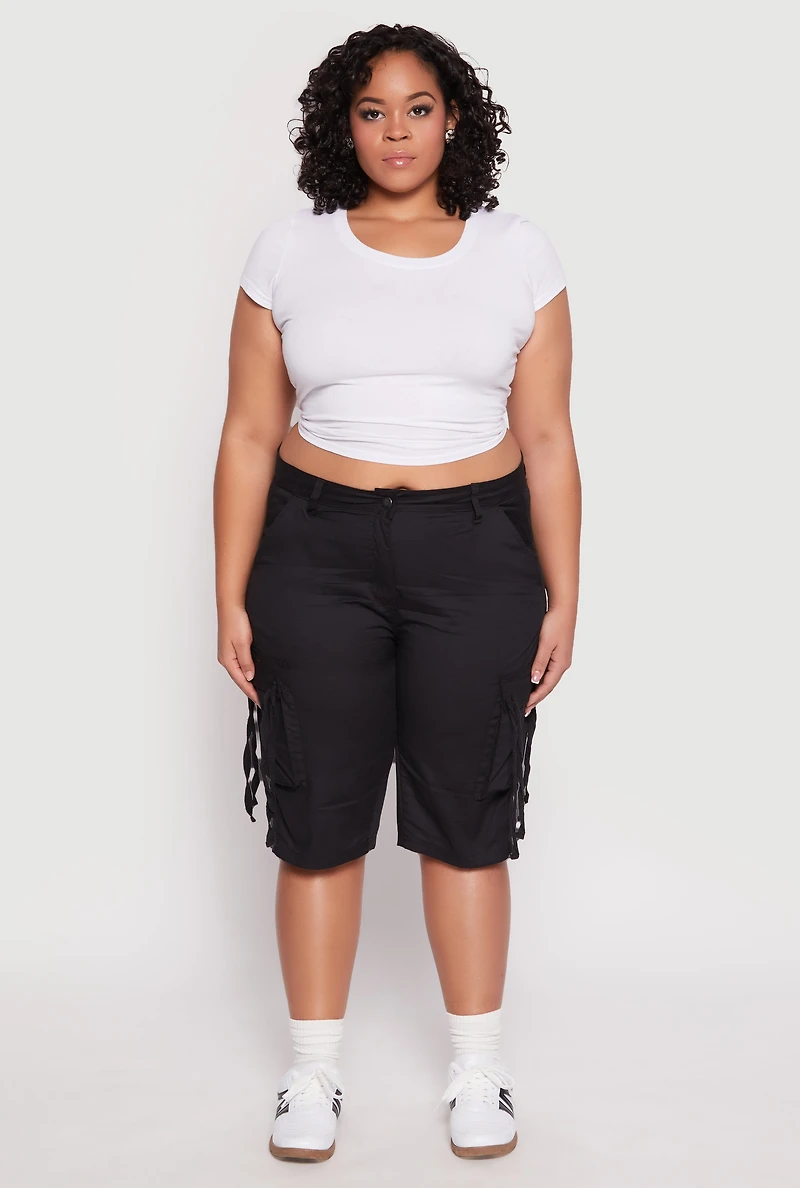 Womens Plus Tie Cargo Pocket Bermuda Shorts, 3X