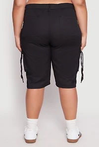 Womens Plus Size Tie Cargo Pocket Bermuda Shorts, Black, Size 2X