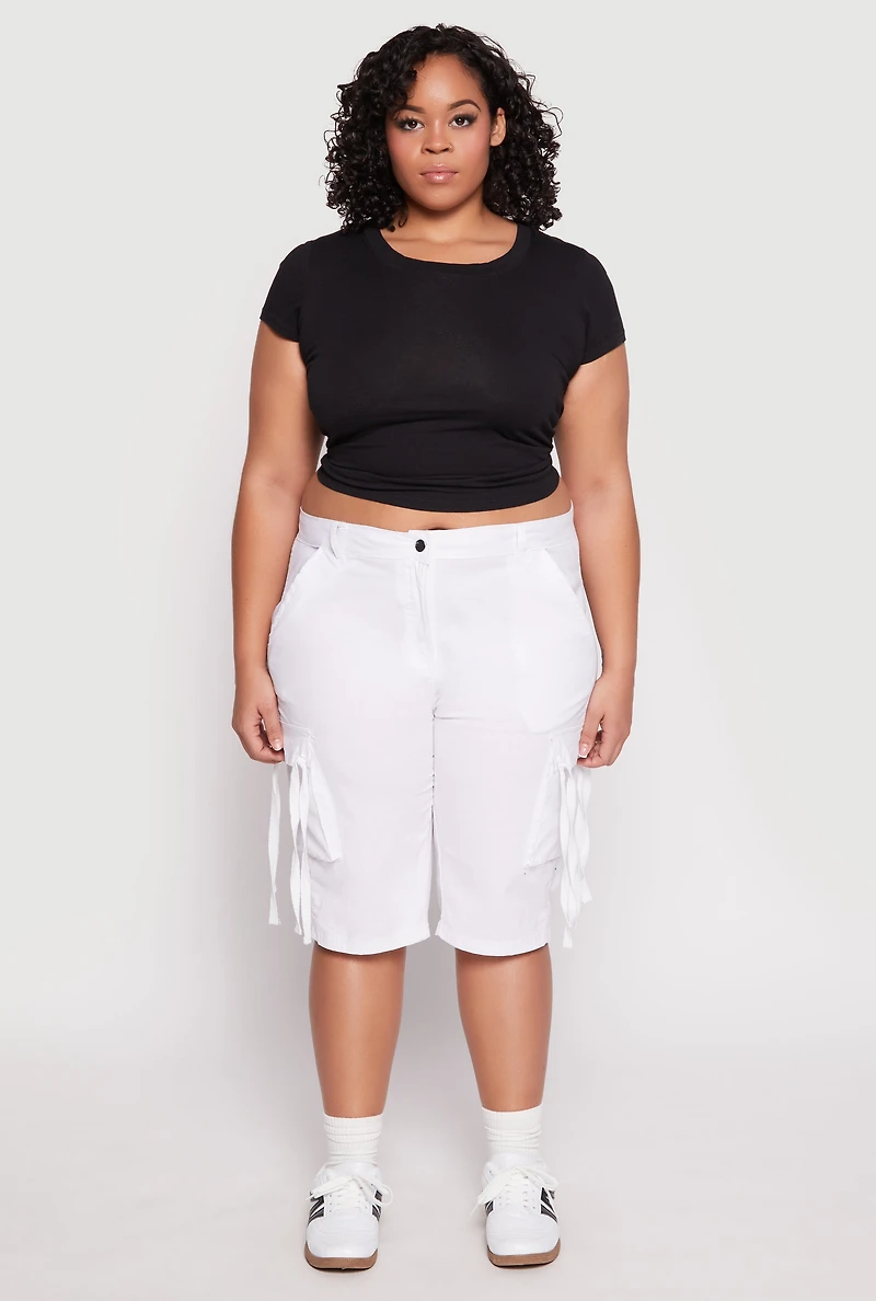 Womens Plus Size Tie Cargo Pocket Bermuda Shorts, White, Size 3X