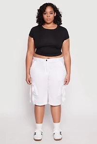 Womens Plus Size Tie Cargo Pocket Bermuda Shorts, White, Size 3X