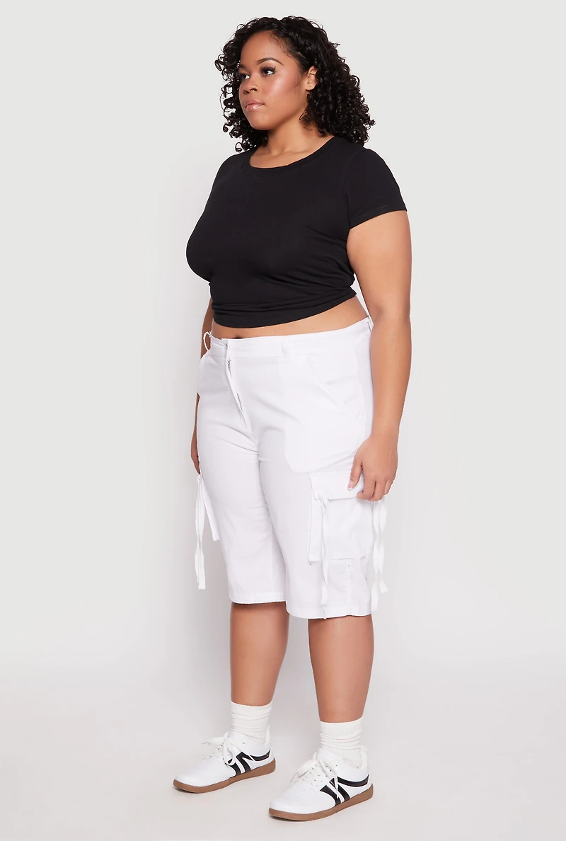 Womens Plus Size Tie Cargo Pocket Bermuda Shorts, White, Size 3X