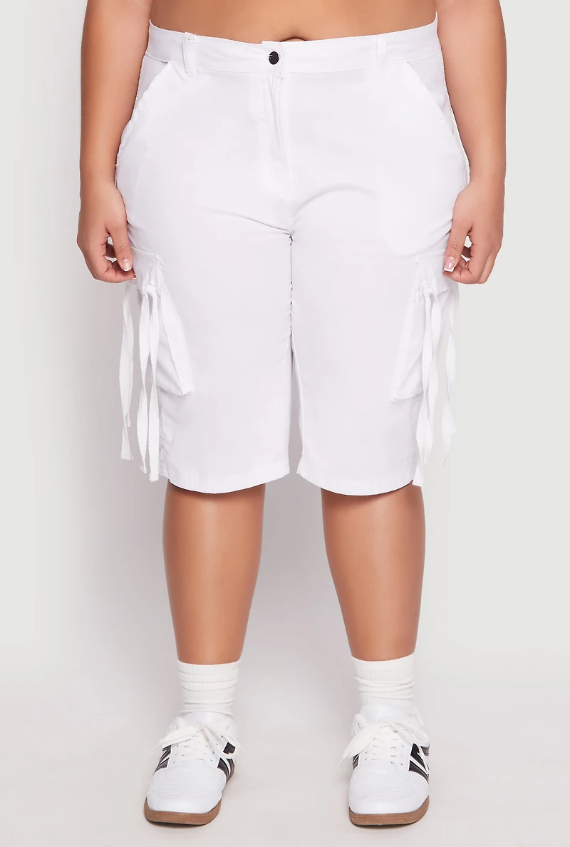 Womens Plus Size Tie Cargo Pocket Bermuda Shorts, White, Size 3X