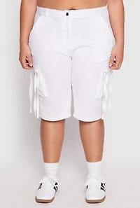 Womens Plus Size Tie Cargo Pocket Bermuda Shorts, White, Size 3X
