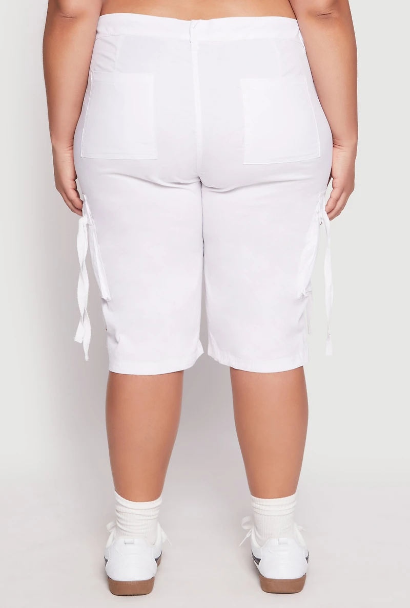 Womens Plus Size Tie Cargo Pocket Bermuda Shorts, White, Size 3X