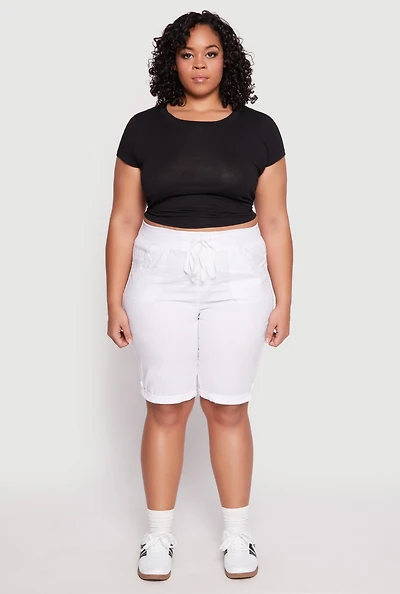 Womens Plus Size Tabbed Cuff Bermuda Shorts, White, Size 2X