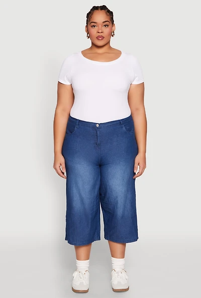 Plus Chambray Wide Leg Capri Pants