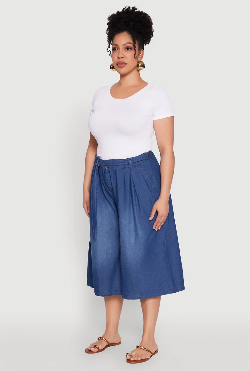 Womens Plus Size Belted Front Chambray Culottes, Blue, Size 2X