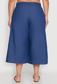 Womens Plus Size Belted Front Chambray Culottes, Blue, Size 2X