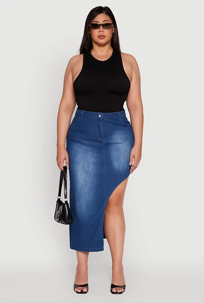 Womens Plus Size Denim High Waisted Asymmetrical Midi Skirt, Blue, Size 2X