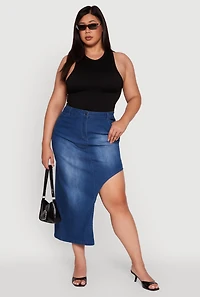 Womens Plus Size Denim High Waisted Asymmetrical Midi Skirt, Blue, Size 2X