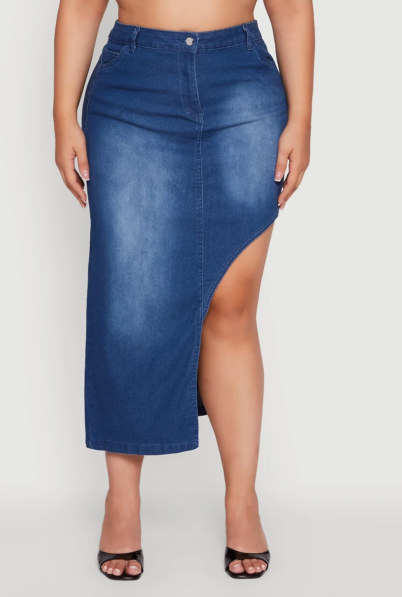 Womens Plus Size Denim High Waisted Asymmetrical Midi Skirt, Blue, Size 2X